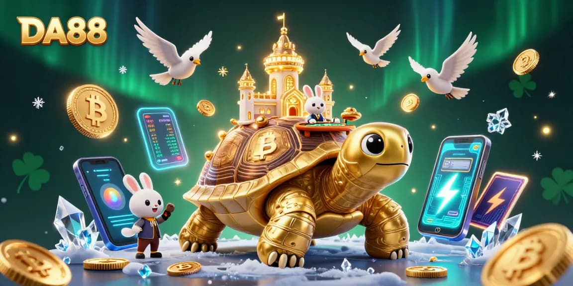 Bet on DA88 with a golden tortoise casino showcasing vibrant 3D elements and engaging characters.