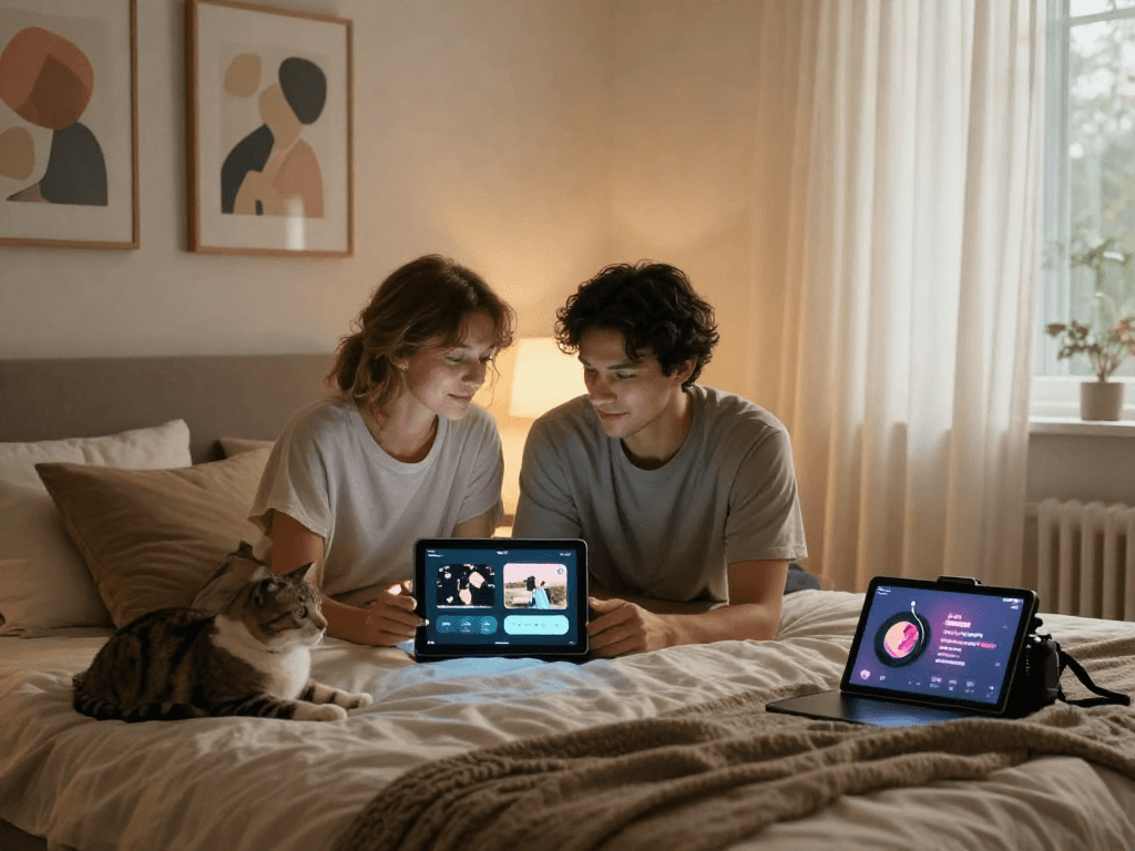 AI sex technology enhancing intimate moments in a cozy bedroom.
