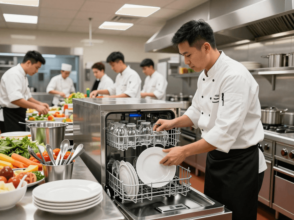 Efficient commercial dishwashers & glasswashers in a busy professional kitchen.