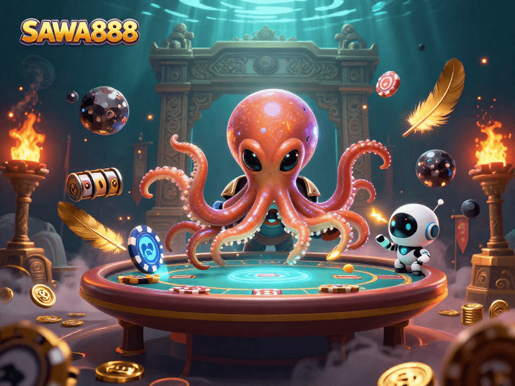 SAWA888 alien octopus deals poker at a holographic table surrounded by dynamic casino elements.