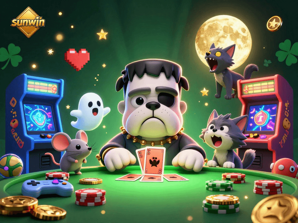 sunwin character-themed casino illustration with vibrant 3D elements and playful monsters