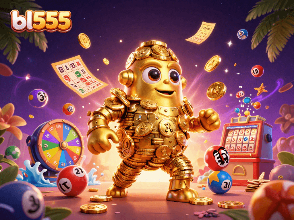 Spin and win at bl555, featuring a golden golem and vibrant lottery elements in 3D!