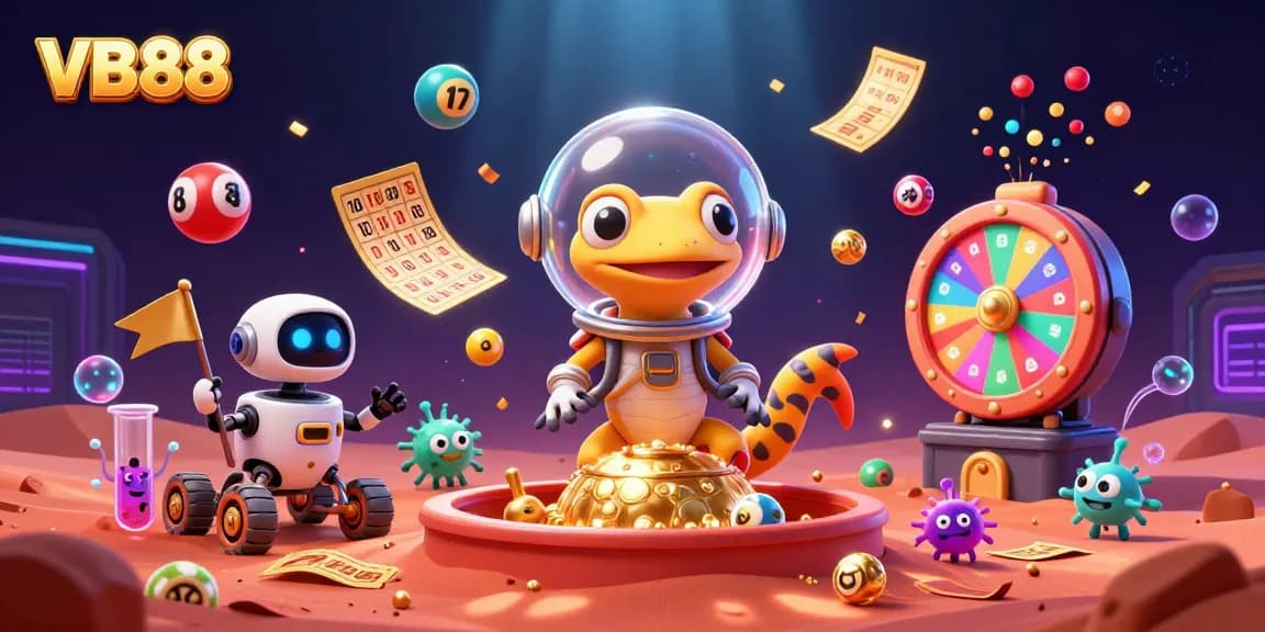 Experience VB88's thrilling casino vibe in a vibrant Martian setting with lively game elements.