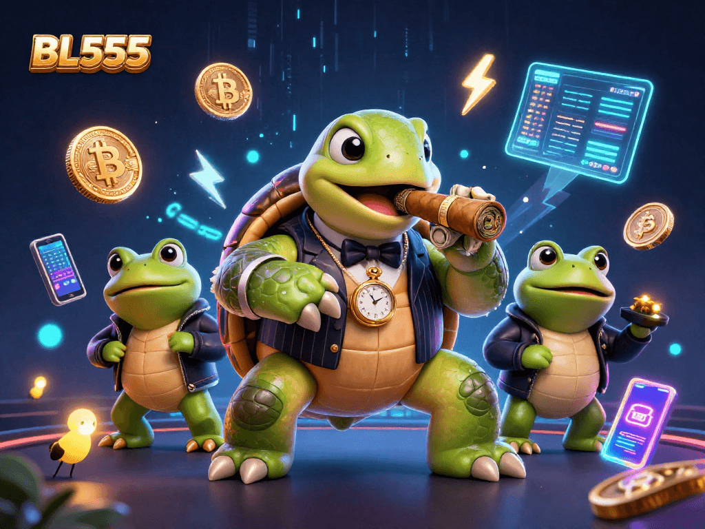 Experience thrilling casino adventures with BL555, featuring a turtle mobster amidst neon coins and energy.