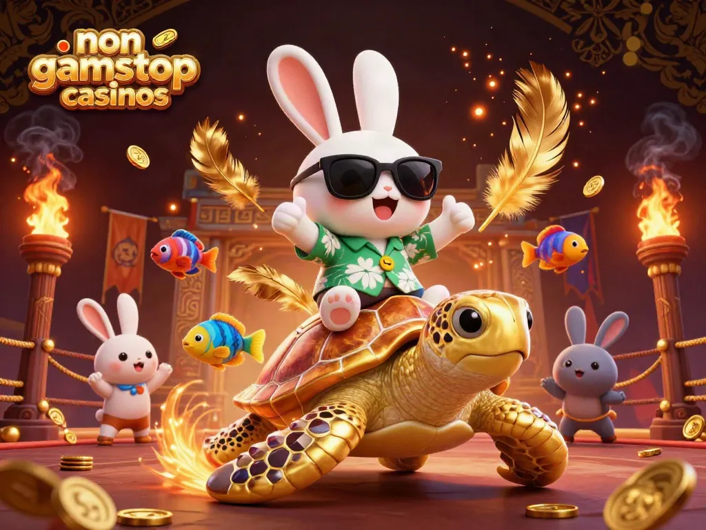 Engage with your luck at non gamstop casinos with vibrant 3D rabbit and turtle illustration.