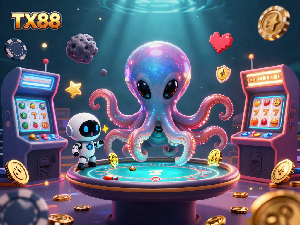Play poker with TX88 in a vibrant space casino scene featuring an alien octopus.