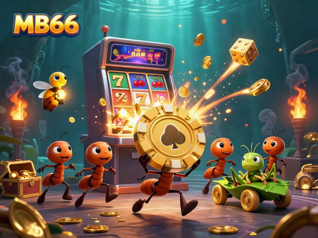 Experience a thrilling MB66 casino heist with animated ants and vibrant game symbols.