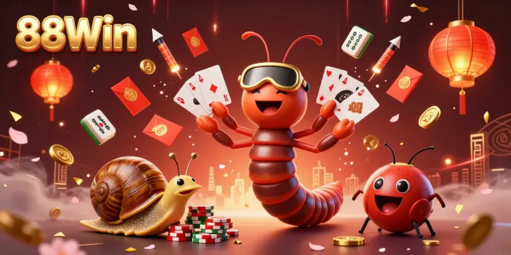Experience the thrill of 88Win with dynamic casino action featuring a cartoon millipede dealer and vibrant gaming elements.