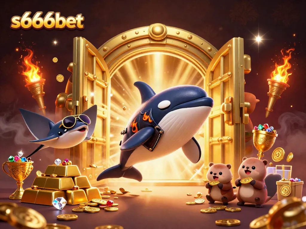 S666bet's dynamic illustration showcasing an orca whale, stingray, and sea otters amongst treasures.