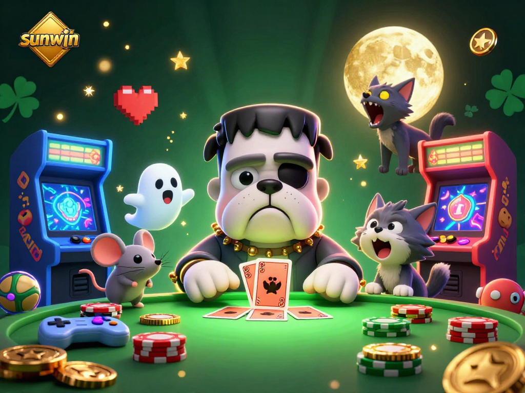 sunwin character-themed casino illustration with vibrant 3D elements and playful monsters