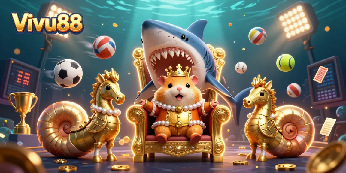 Experience Vivu88's thrilling gambling world with a hamster king on a megalodon throne, surrounded by dynamic sports elements.