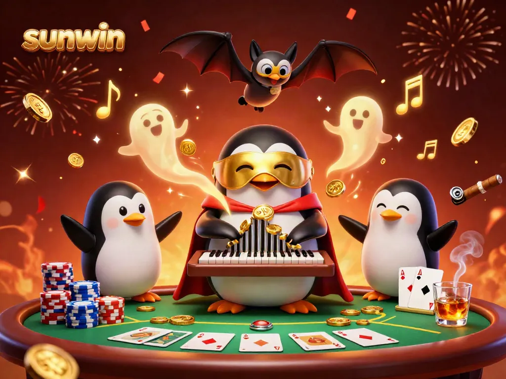 Engage with sunwin's thrilling games as a penguin plays music and coins fly in a vibrant casino scene.