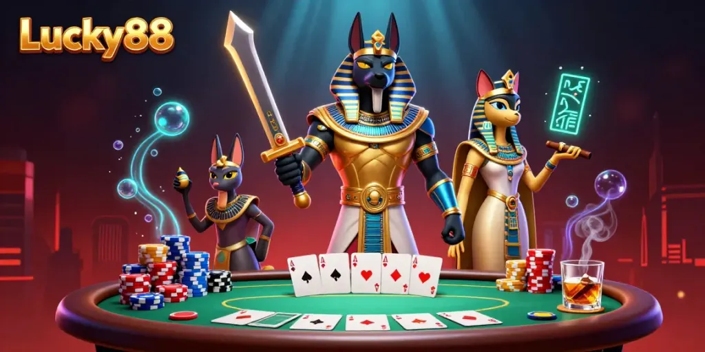 Experience thrilling poker action with Lucky88, featuring Anubis and Bastet amidst vibrant casino elements.