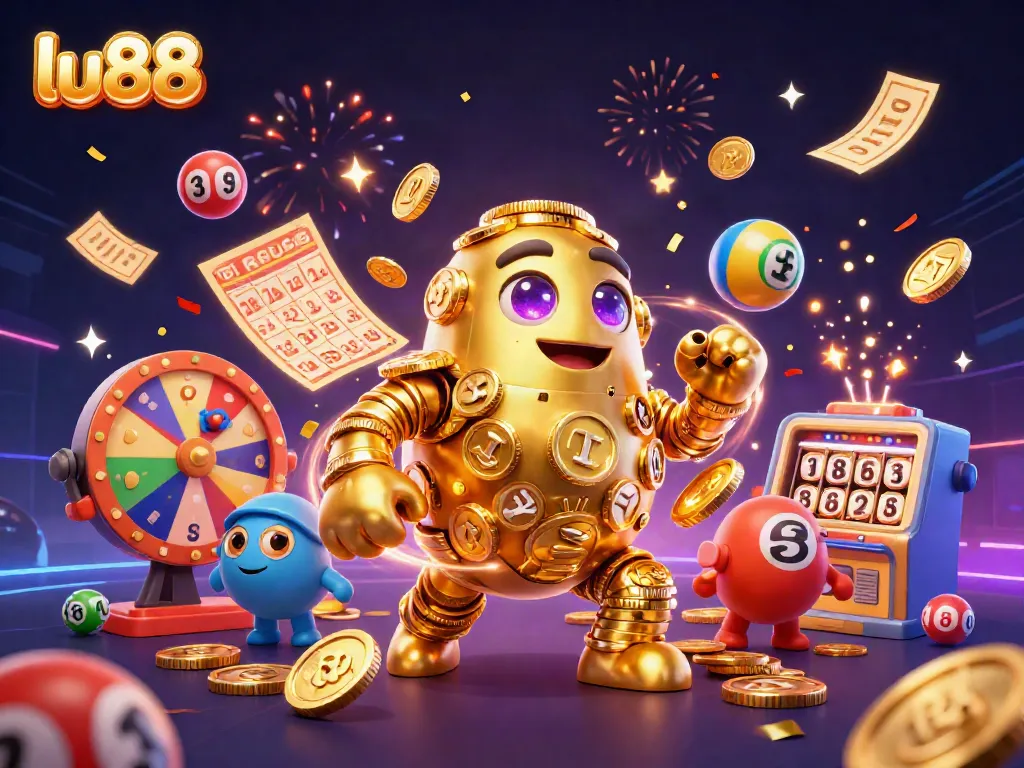 Experience excitement at lu88 with a dynamic 3D casino scene full of prizes and vibrant game elements.
