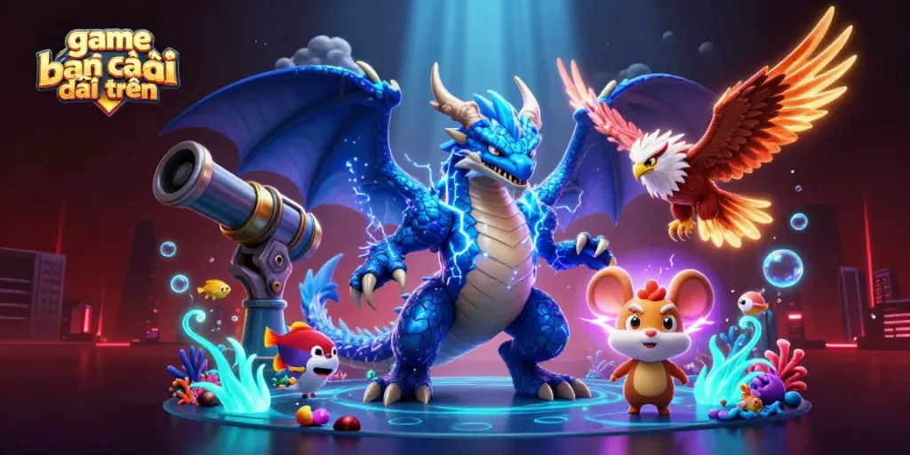 Engage with thrilling game bắn cá đổi thưởng featuring colorful sea creatures in a dynamic 3D illustration.