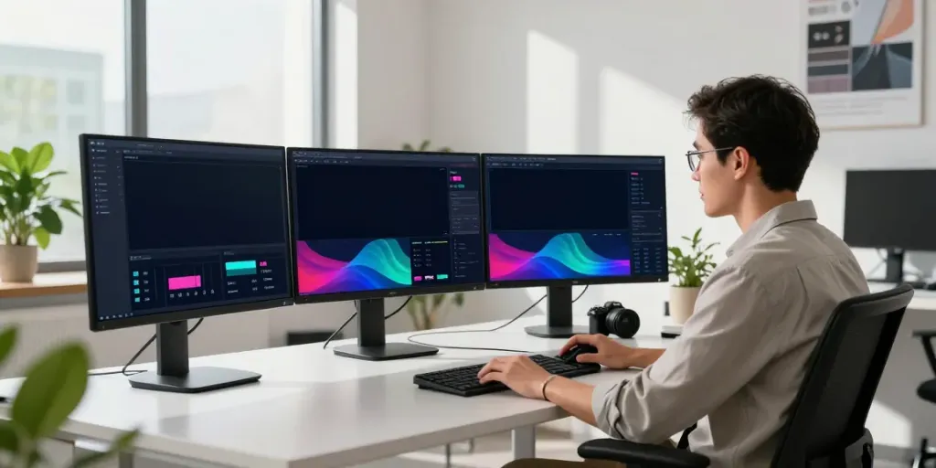 Marketer analyzing instant indexing analytics on multiple screens in a bright office.