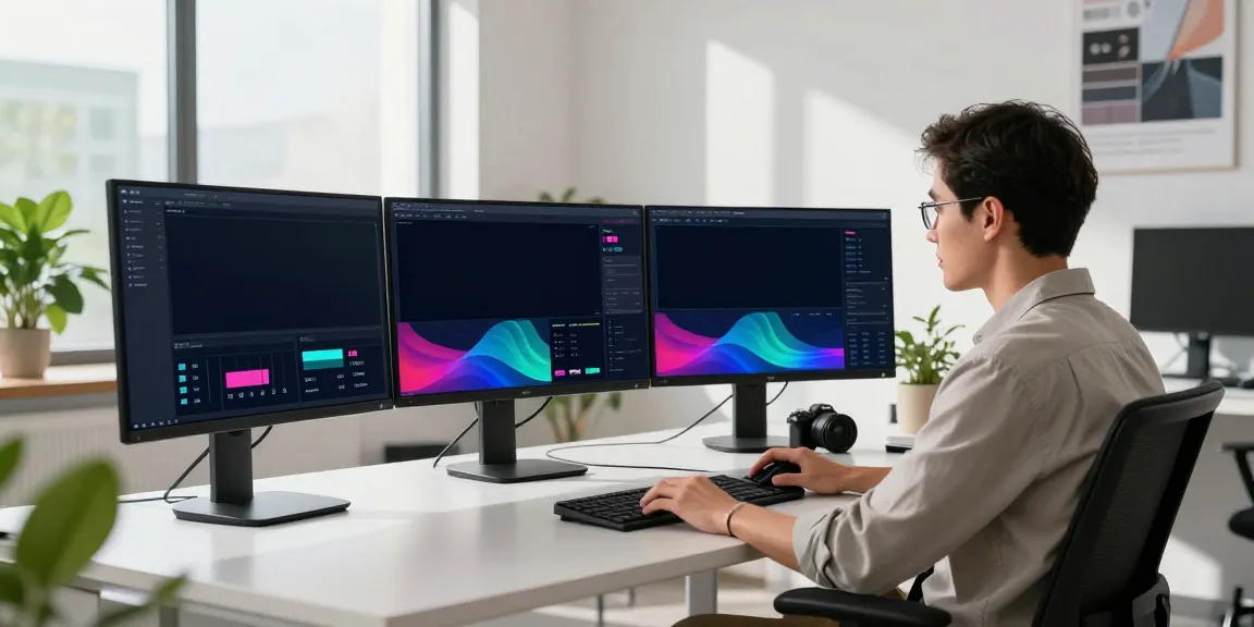Marketer analyzing instant indexing analytics on multiple screens in a bright office.