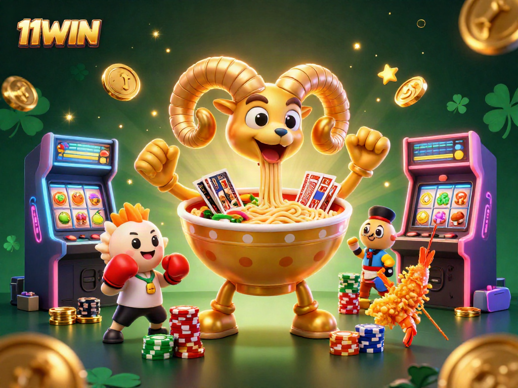 Engage with 11WIN's vibrant casino theme featuring a golden ramen bowl dealer and animated game elements.