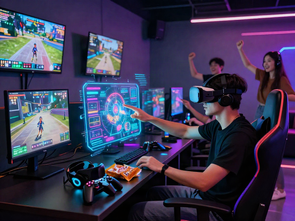 Engaging scene of a gamer immersed in an adult game, showcasing vibrant VR interfaces and an interactive atmosphere.