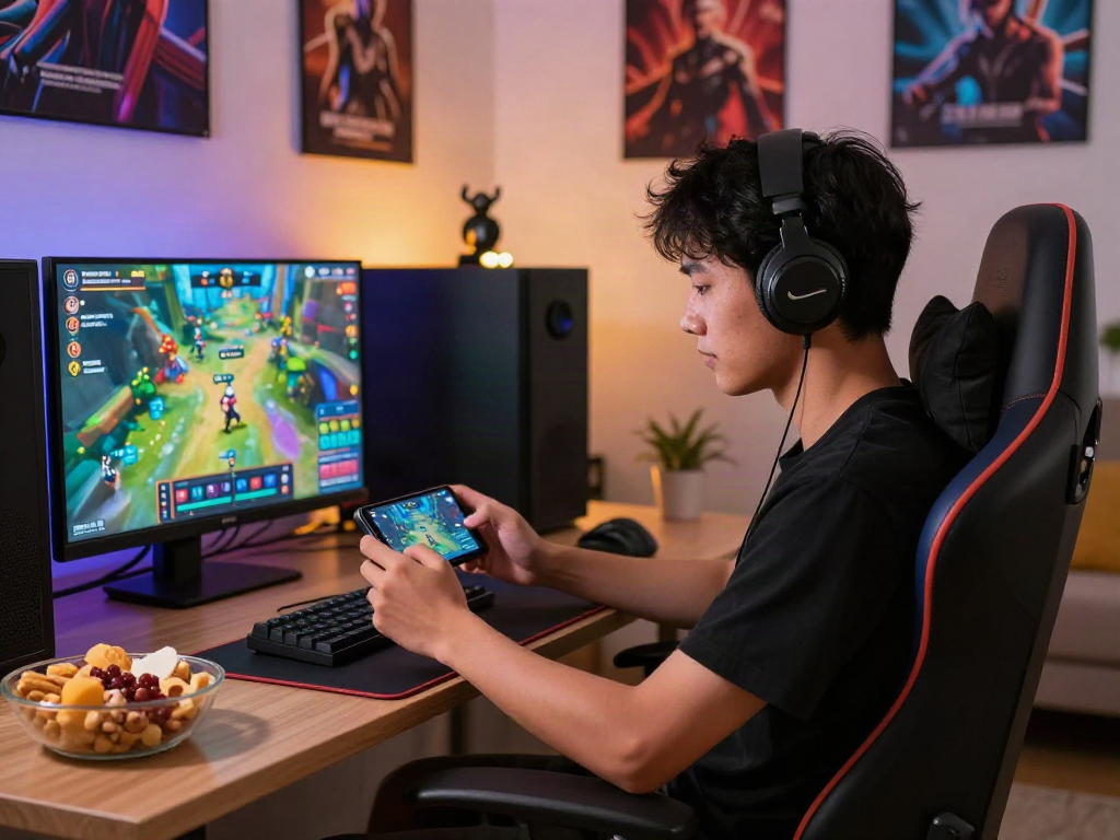Mobile porn game enthusiast enjoying immersive gameplay experience in a cozy living room