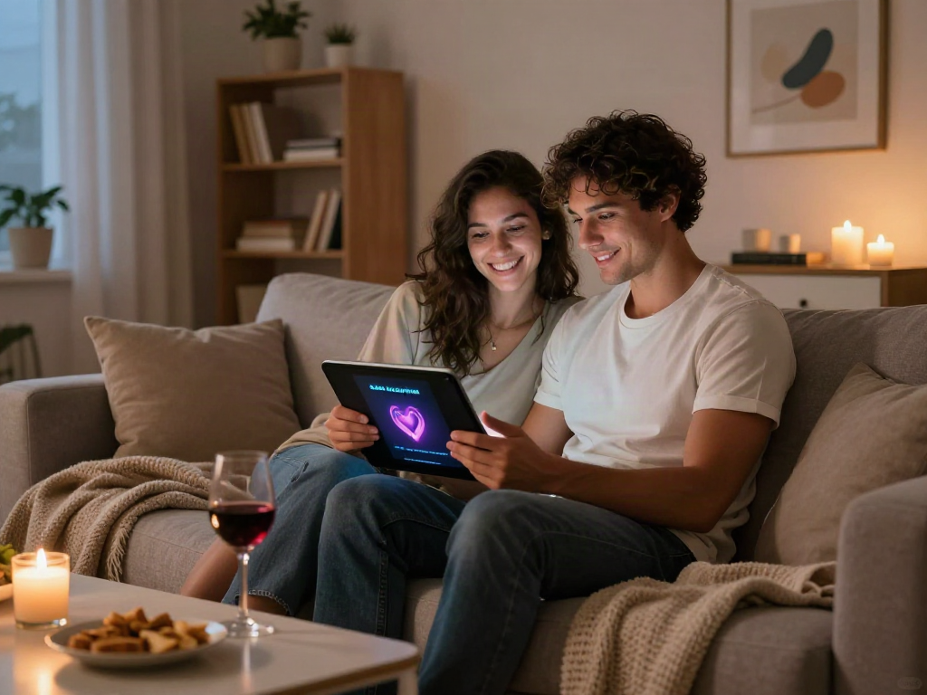 Couple exploring AI sex app in a cozy living room, enhancing intimacy through technology
