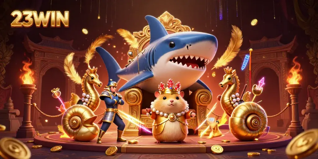 Experience the excitement of 23WIN with a dynamic 3D casino scene featuring vibrant characters and game elements.
