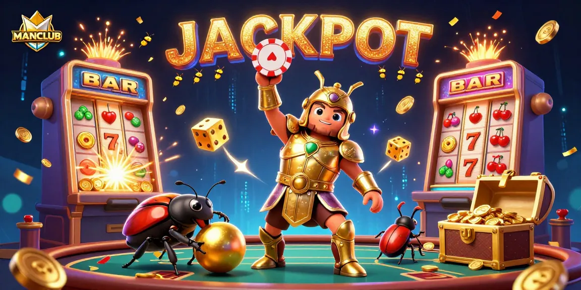 MANCLUB showcases a victorious gladiator beetle with poker chip alongside dynamic casino elements.