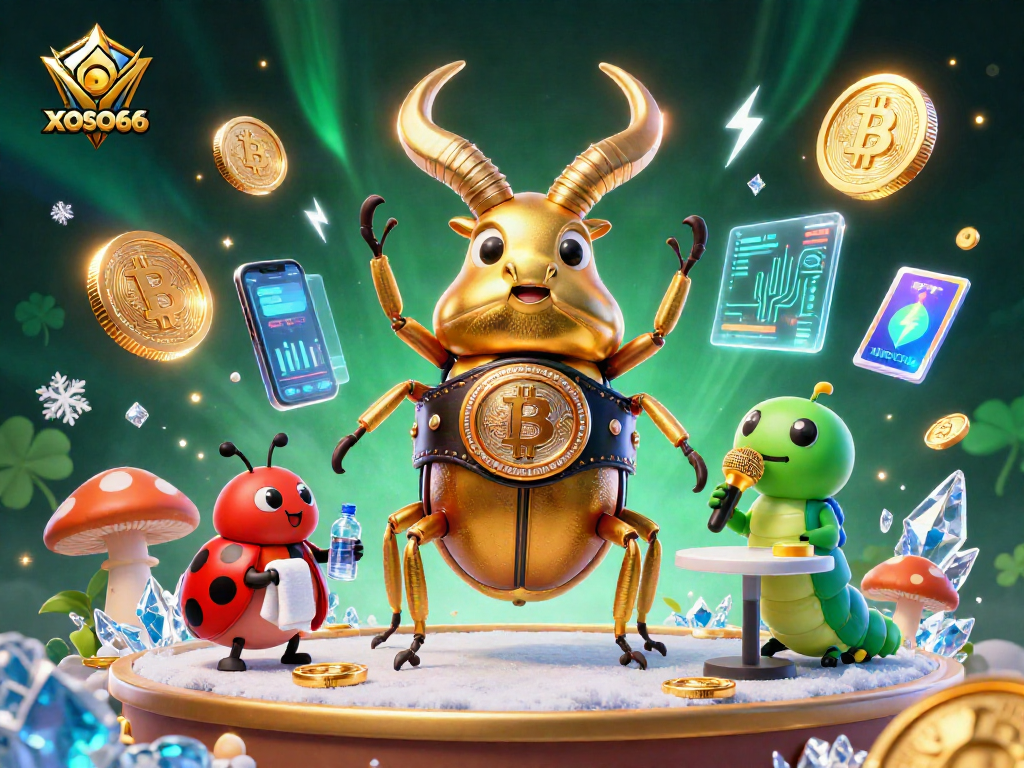 XOSO66 showcases a giant golden stag beetle in a boxing ring surrounded by crypto-themed elements.