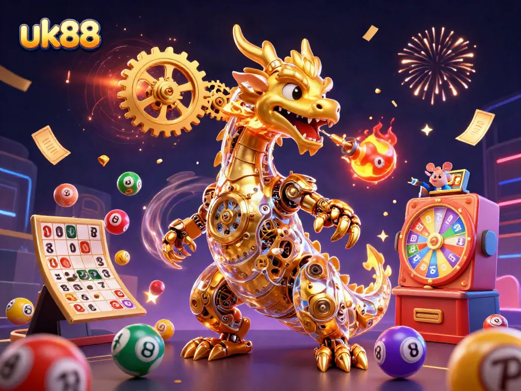 Experience the excitement of playing with uk88, featuring a golden dragon and dynamic gaming elements.
