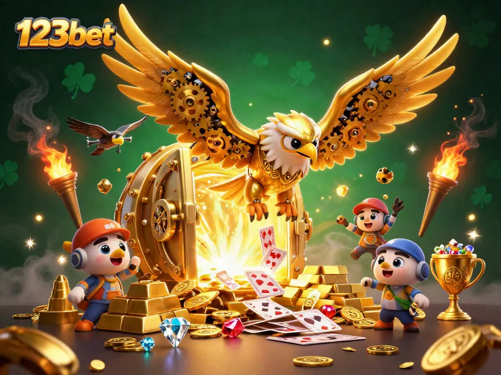 Experience thrilling gameplay with 123bet as a cybernetic eagle flies through cards and treasures.
