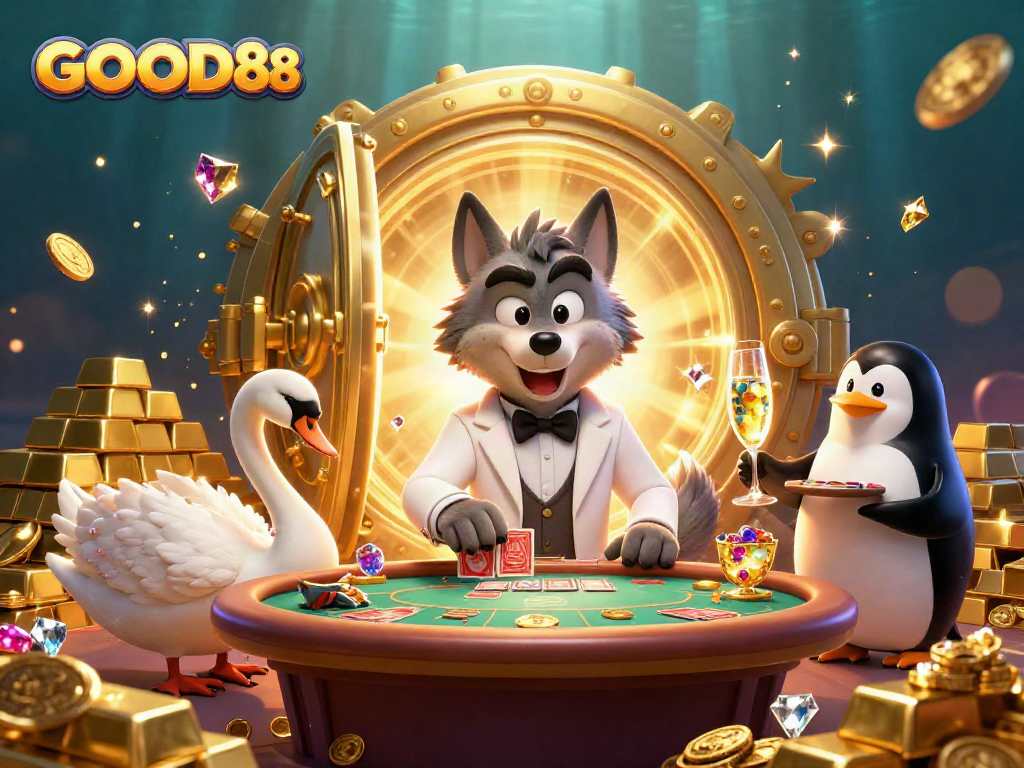 Win big with GOOD88 at the baccarat table featuring luxurious characters and treasures.