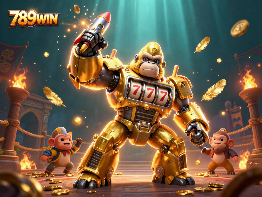 Engage in thrilling gaming adventures with 789WIN's vibrant casino illustration featuring a golden gorilla mech.