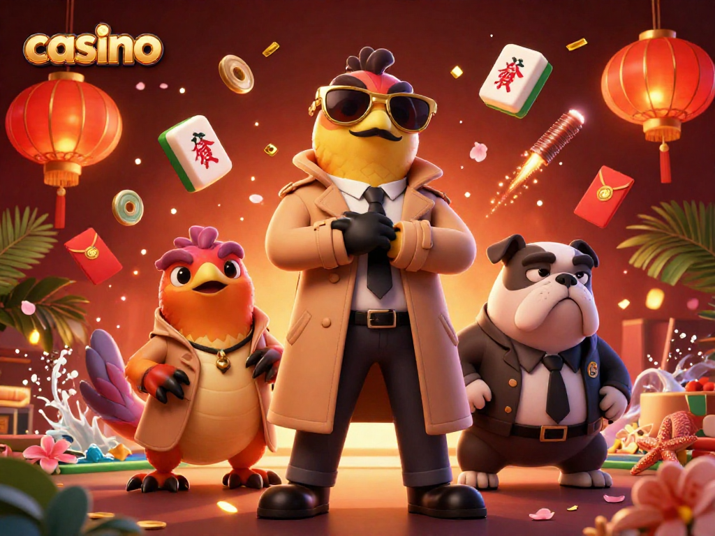 Engaging casino scene with cartoon raptors and bouncer, highlighting vibrant gambling elements.
