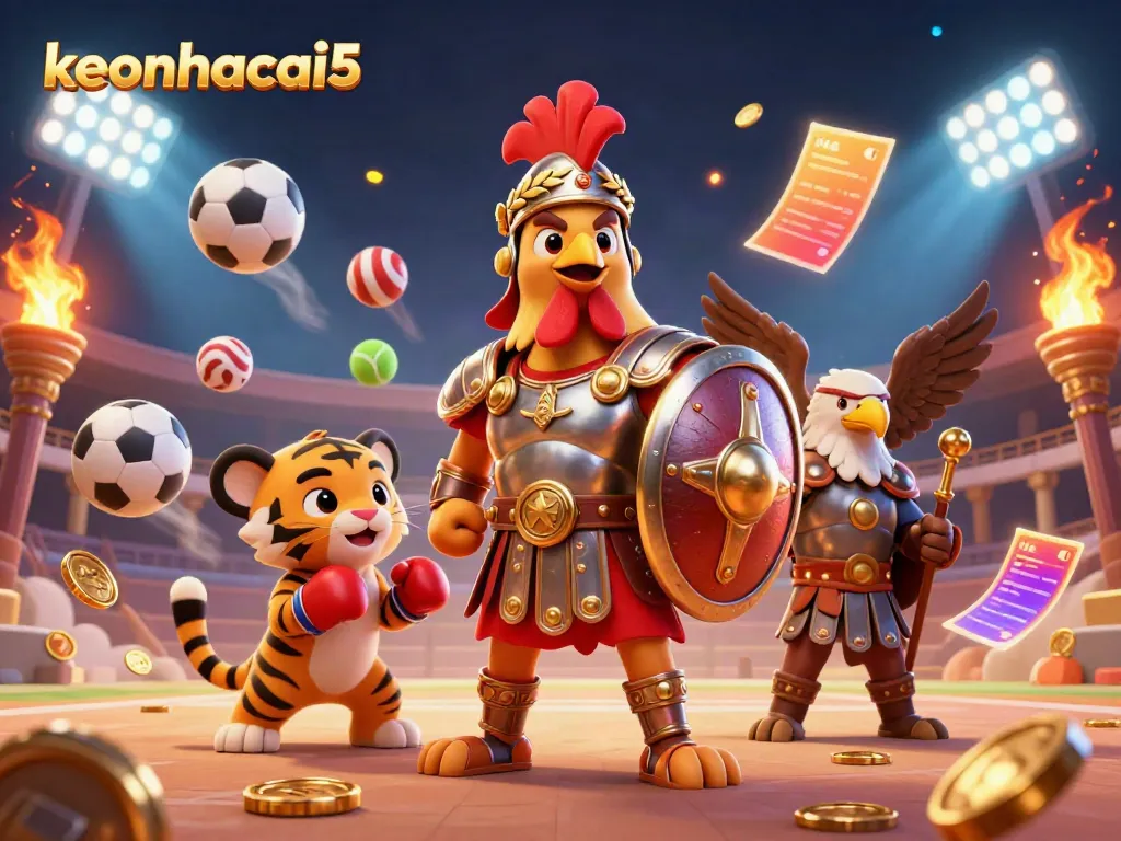 Experience thrilling sports betting with keonhacai5 as characters interact in a dynamic 3D scene.