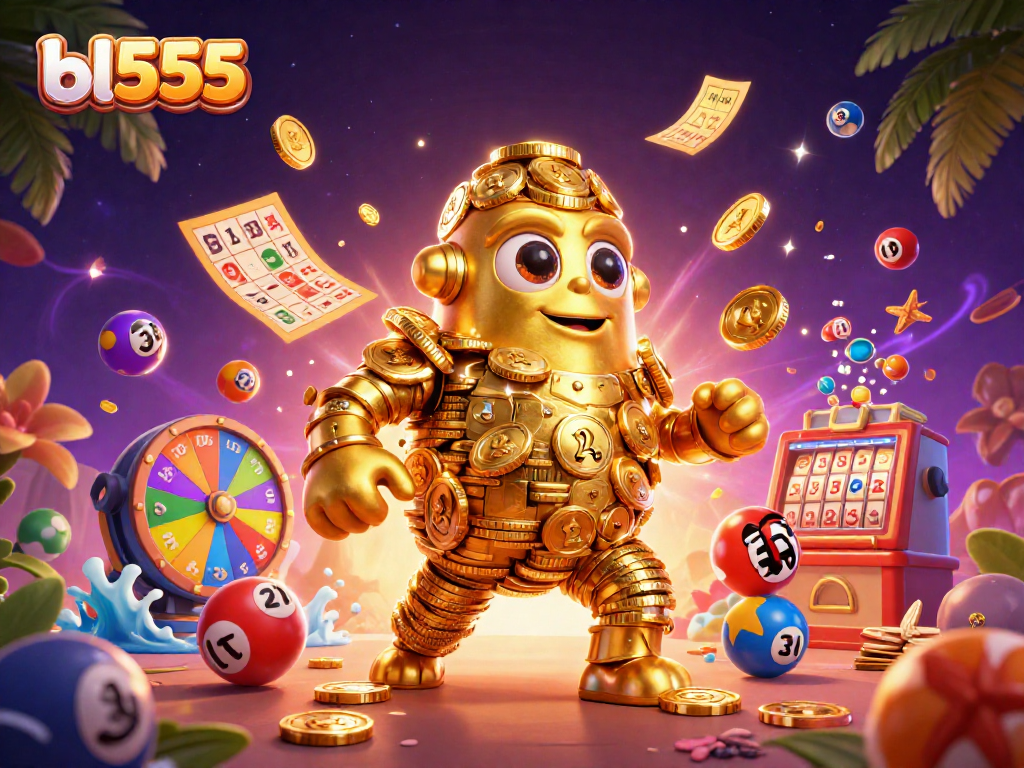 Spin and win at bl555, featuring a golden golem and vibrant lottery elements in 3D!