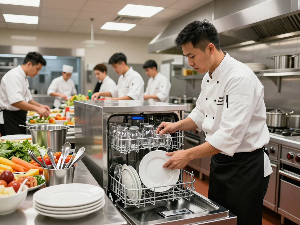 Efficient commercial dishwashers & glasswashers in a busy professional kitchen.