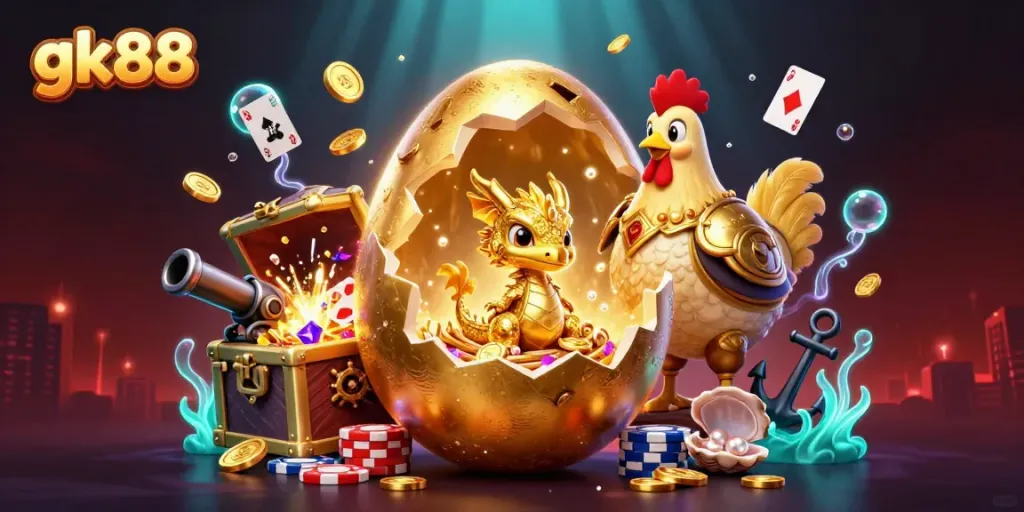 Experience the magic of gk88 with a golden dragon guarding poker chips and treasures in a vibrant casino scene.
