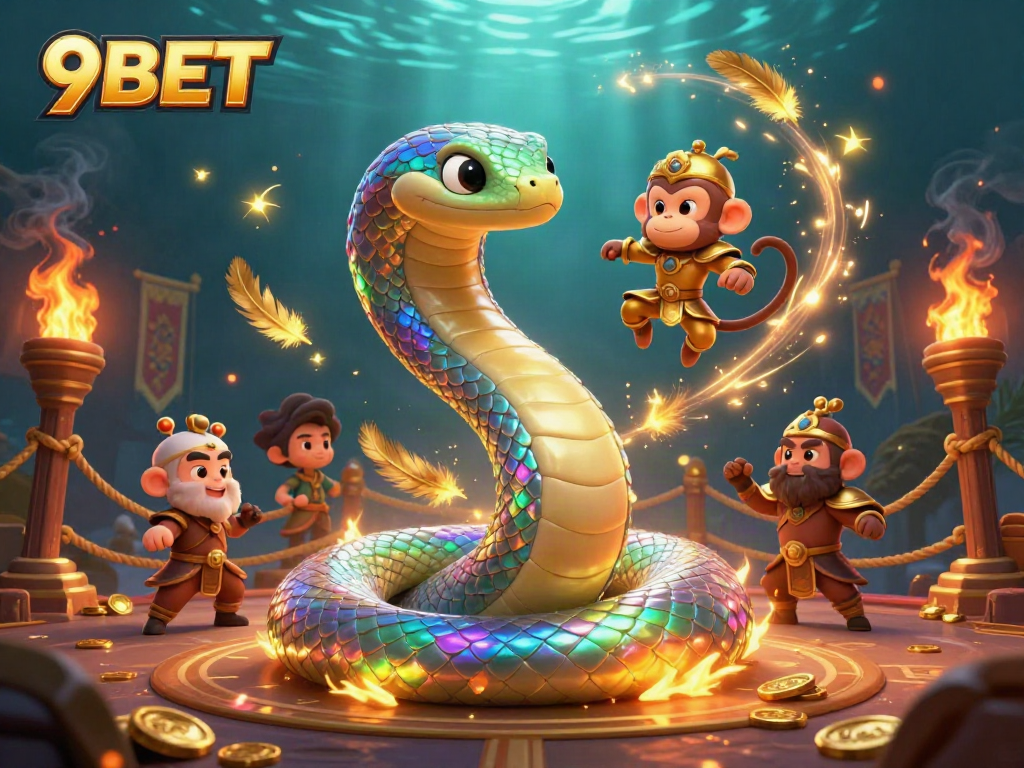 Engage with the vibrant 9BET scene featuring a rainbow serpent, monkey king, and enchanting fireflies.