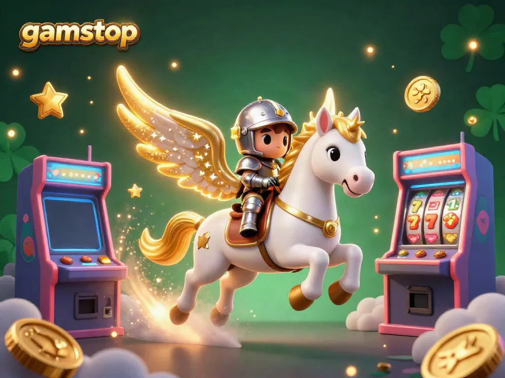 Engage with GamStop's vibrant casino scene, featuring a celestial horse and knight amidst slot machines.