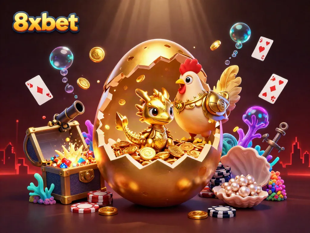 Win big with 8xbet's vibrant illustration of a golden dragon and casino treasures.
