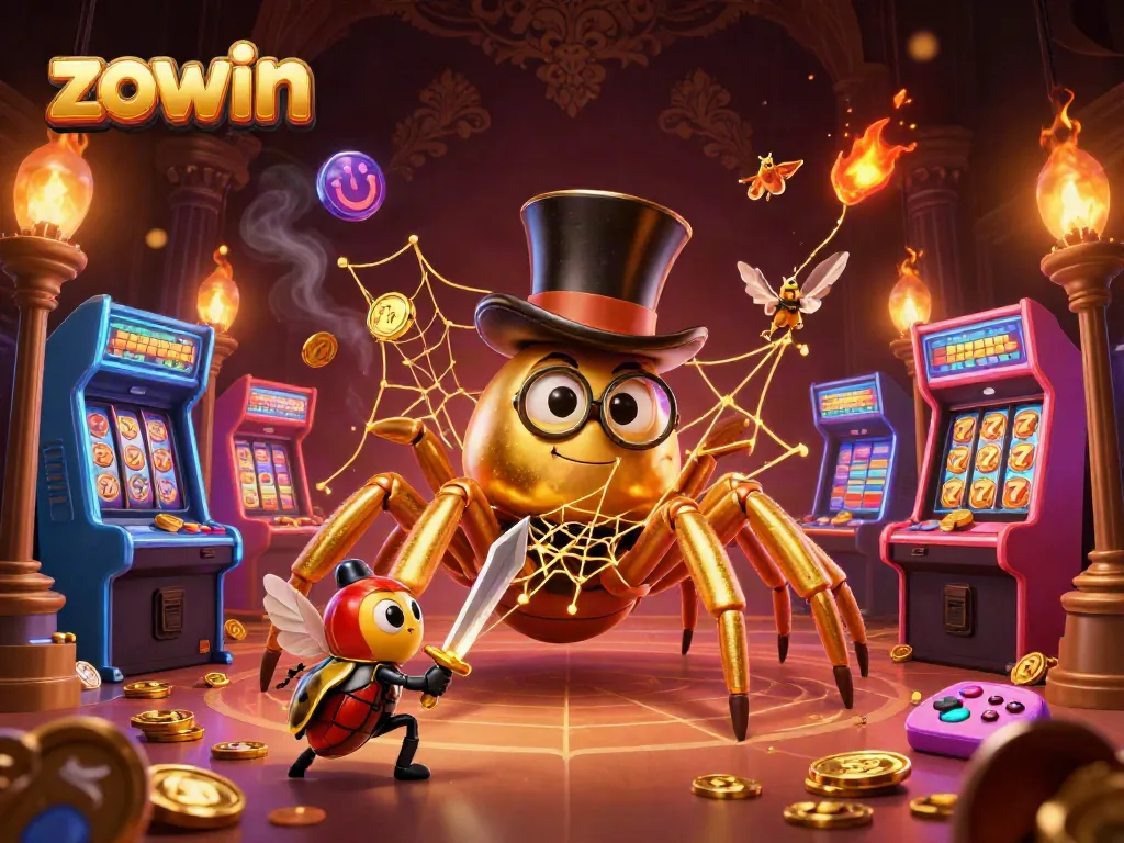 Zowin's vibrant casino world featuring a golden tarantula and beetle knight in action at slot machines.