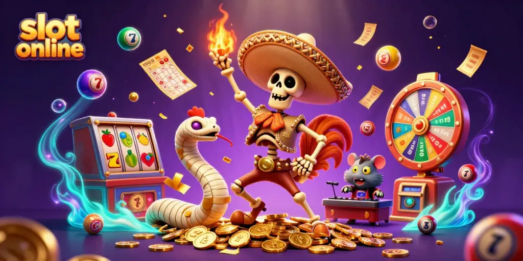 Celebrate wins with vibrant characters and colorful elements in this dynamic slot online scene