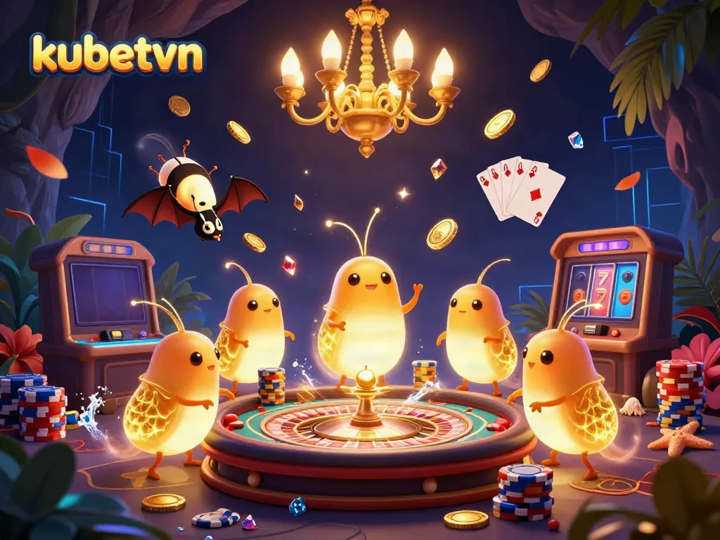 Experience the vibrant fun of kubetvn with glowworms and a bat dealer in a dynamic cave casino scene.