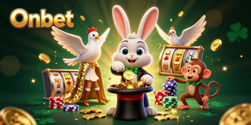 Onbet showcases a magician rabbit with coins, dove, and monkey in a vibrant casino scene.