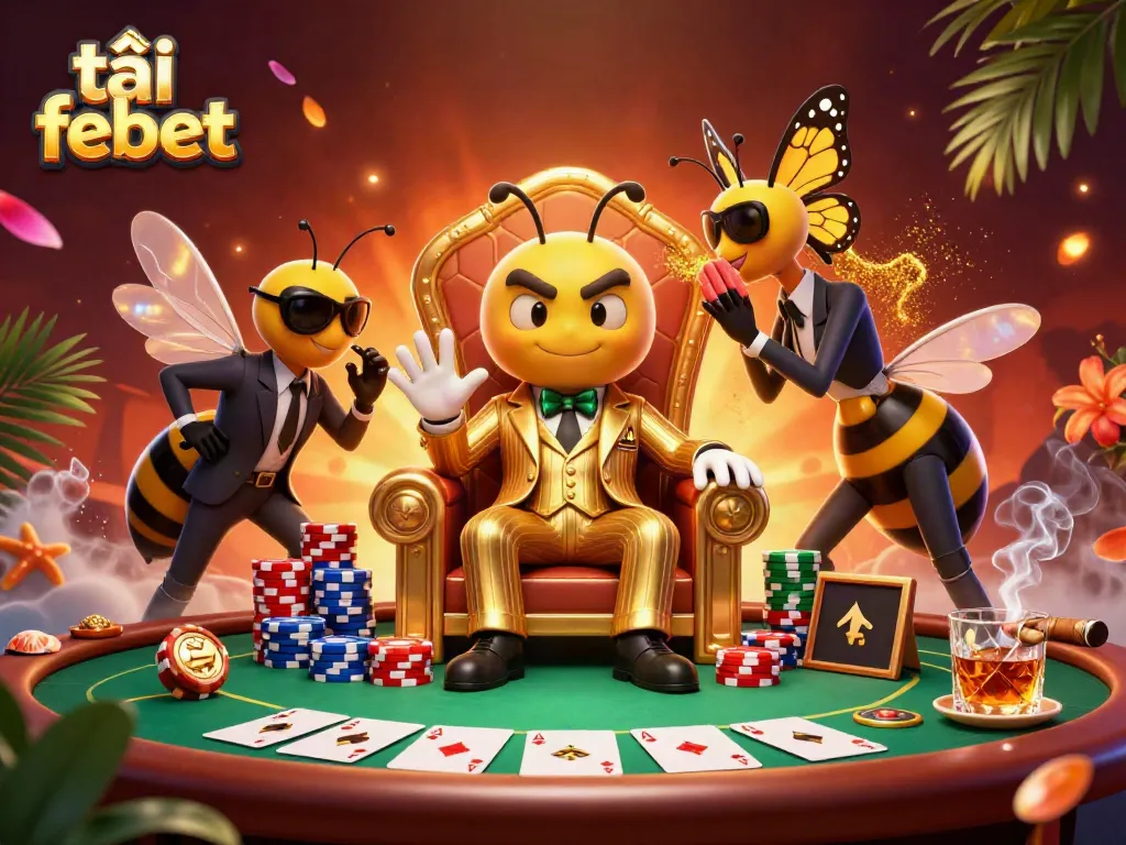 Play slots at tải febet with a charming 3D casino boss surrounded by colorful poker elements.