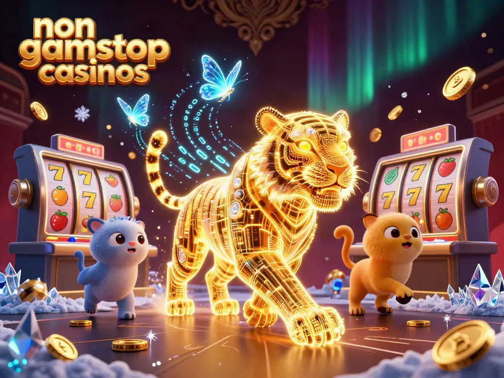 Engage with non gamstop casinos as a golden tiger prowls through a vibrant digital landscape filled with slot reels and treasures.