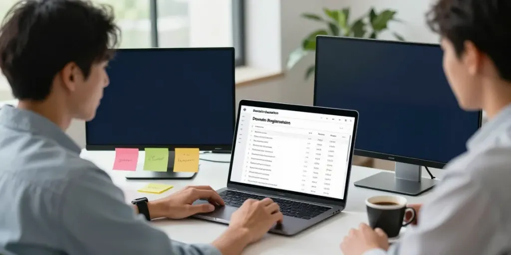 Buy domain name process in a modern digital workspace with a laptop and dual monitors.