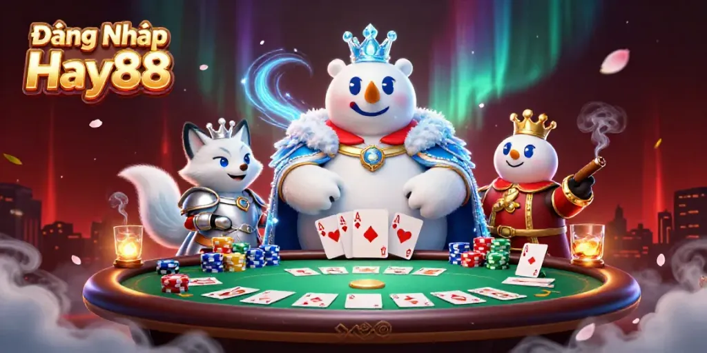 Play and win at Đăng Nhập Hay88 with a thrilling poker scene featuring a bear and snow fox.