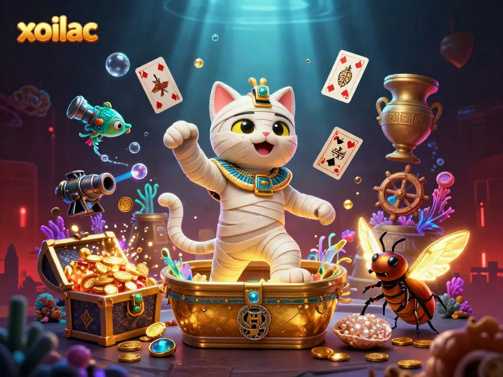 Xoilac's captivating pyramid casino scene with a mummy cat and glowing scarab amidst golden treasures.