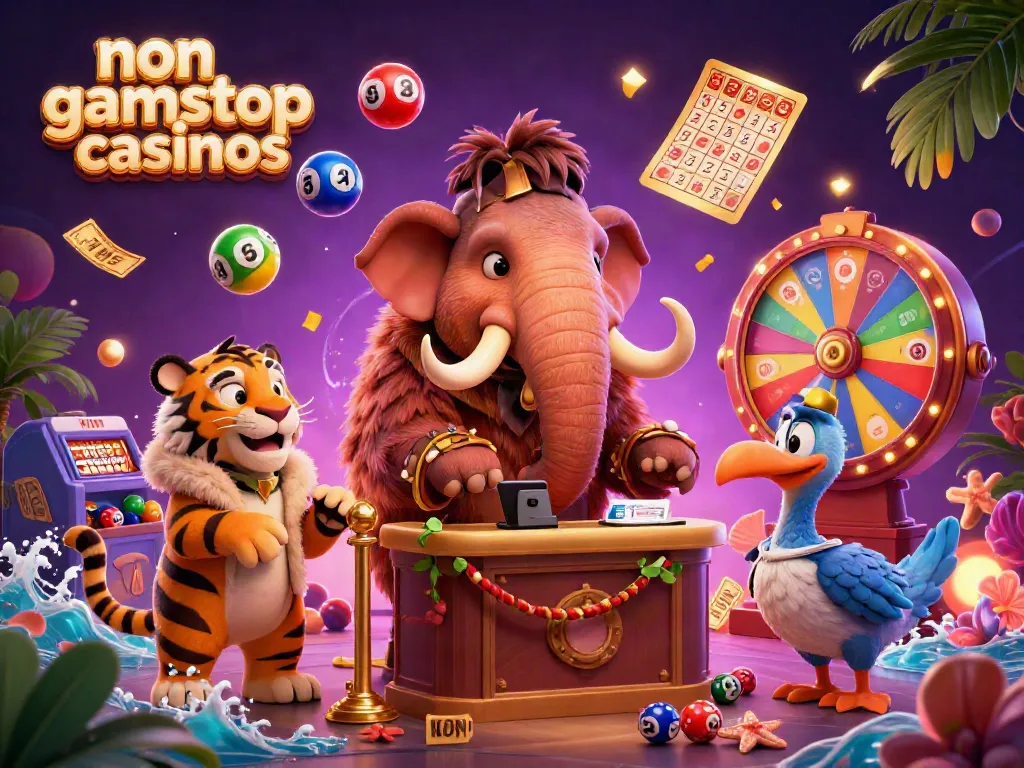 Vibrant scene depicting non gamstop casinos with a woolly mammoth bouncer, a saber-tooth tiger guest, and a dodo doorman.